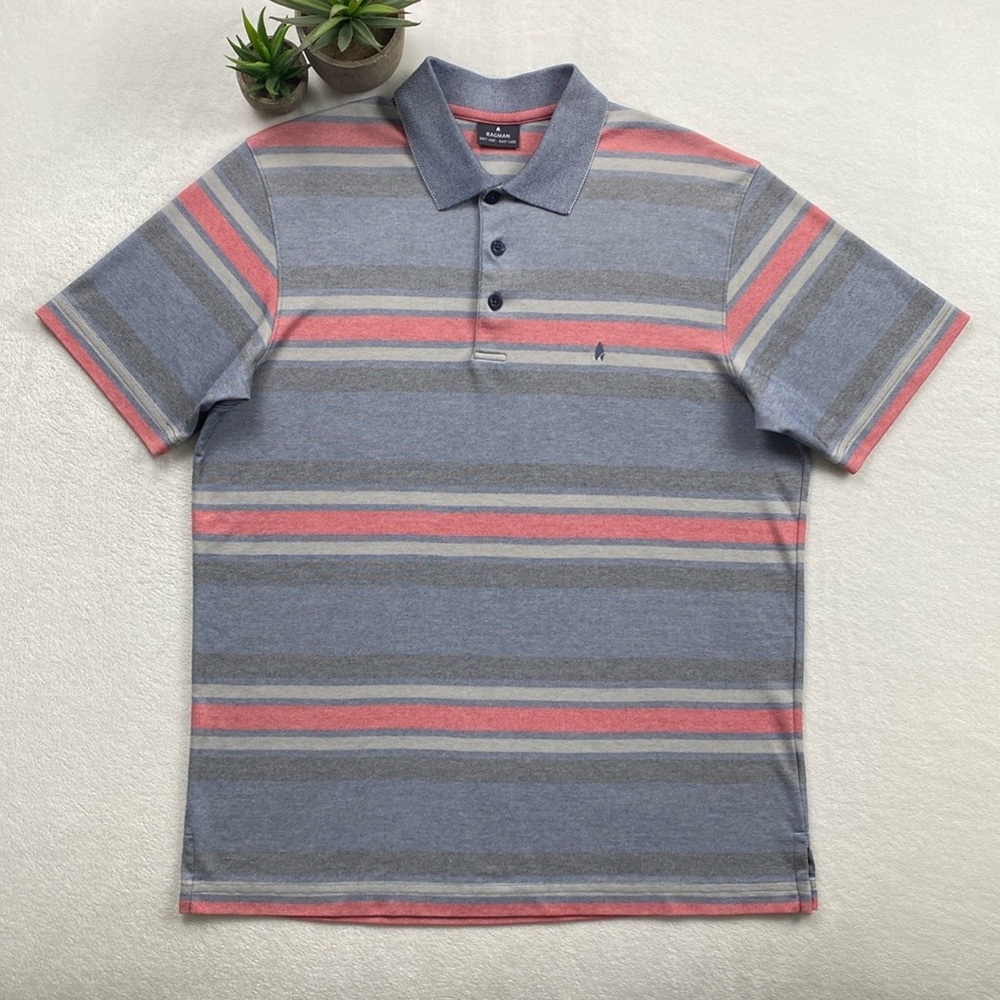 Ragman Soft Knit Easy Care Flame Optic Striped SS Polo (Gray/Blue/Pink)